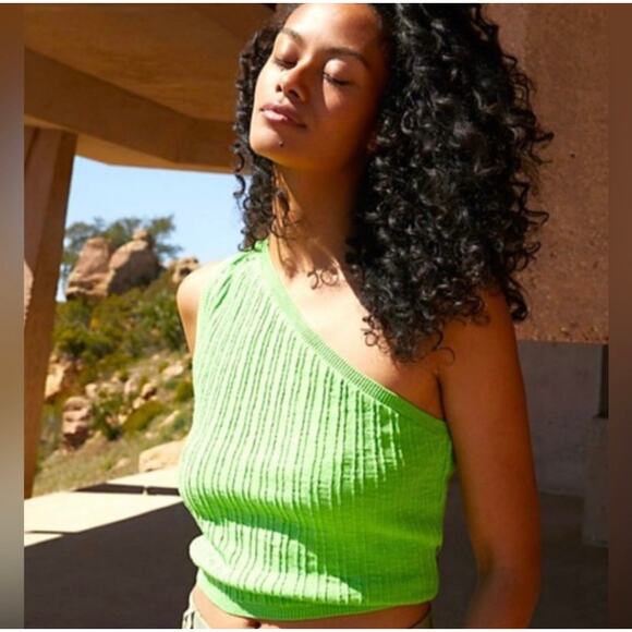 Free People FP Beach M Green One Shoulder Top Ribbed Mary Cotton Linen Blend EUC - Picture 1 of 10